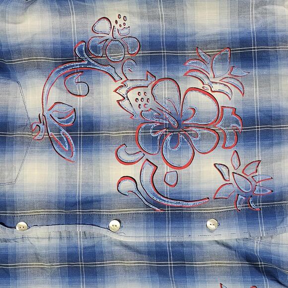 VTG Bugle Boy Hawaiian Shirt L Blue Floral Short Sleeve Y2K 1990s Shell Button - Picture 10 of 13